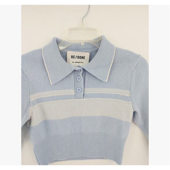 RE/DONE 60s Shrunken Polo Top Medium Pale Blue Striped Cropped Knit Mod - Picture 3 of 16